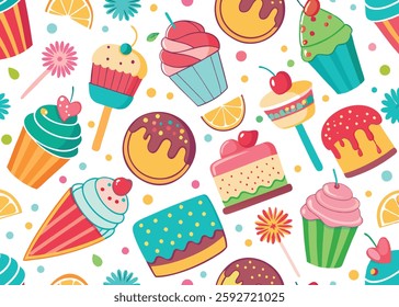 Colorful Summer Dessert Seamless Vector, Cakes, Ice Cream and Sweet Treats Pattern on White Background, Colorful Sweets Pattern, Retro Summer Dessert Vector Design. Sweet Summer Vector.  