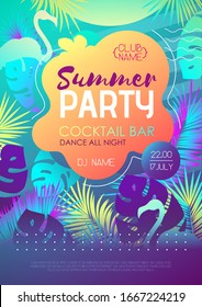 Colorful summer disco party poster with fluorescent tropic leaves and flamingo. Summertime background