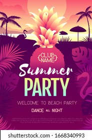Colorful summer disco party poster with fluorescent tropic leaves, pineapple and flamingo. Summertime beach background