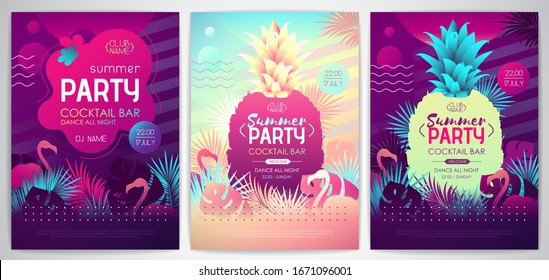 Afiche de una fiesta disco de verano colorido con hojas tropicales fluorescentes, piña y flamingo. Fondo de verano