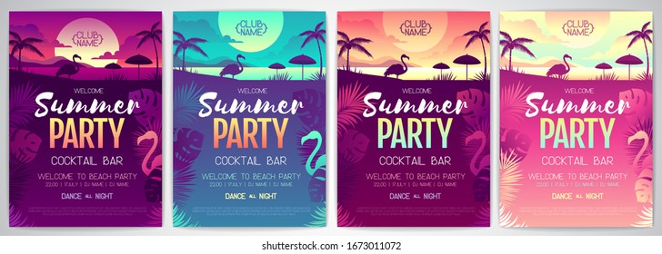 Colorful summer disco party poster with fluorescent tropic leaves and flamingo. Summertime beach background