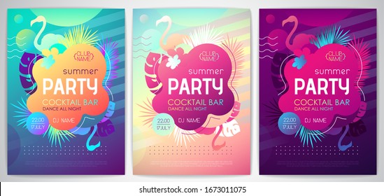 Colorful summer disco party poster and fluorescent tropic leaves   flamingo  Summertime background