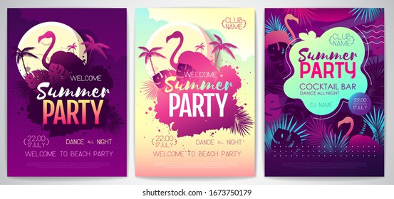 Afiche de una fiesta disco de verano colorido con hojas tropicales fluorescentes y flamingo. Fondo de playa en verano