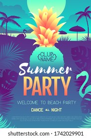 Colorful summer disco party poster with fluorescent tropic leaves, pineapple and flamingo. Summertime beach background
