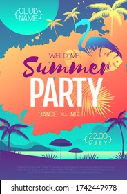 Colorful summer disco party poster with fluorescent tropic leaves and flamingo. Summertime beach background