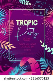 Colorful summer disco party poster with fluorescent tropic leaves. Summertime background. Vector illustration
