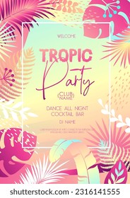 Colorful summer disco party poster with fluorescent tropic leaves. Summertime background. Vector illustration