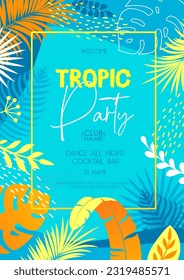 Colorful summer disco party poster with tropic leaves. Summertime background. Vector illustration