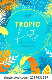 Colorful summer disco party poster with tropic leaves. Summertime background. Vector illustration