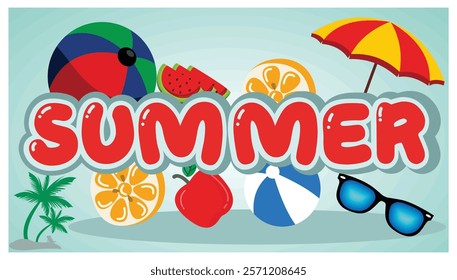 Colorful summer displays, including fruit, beach balls, sunglasses and umbrellas, evoke a fun and energetic seasonal atmosphere. Flat vector modern illustration