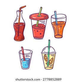 Colorful summer drinks set with bottles cups straws and lemonade in playful hand drawn vector style
