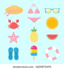 Colorful summer elements.Set of beach icons isolated on light blue background.Vector graphic illustration.