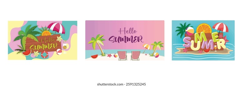 Colorful summer elements. Summer beach and sand view. Island in the middle of the sea with a colorful summer. Summer concept.  Set flat vector illustration.