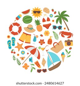 Colorful summer elements in circle shape. Beach collection with swimsuits, hat, sunglasses, palm, cocktails, fruits, ice cream and other stickers. Vector illustration with round composition