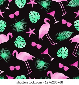 Colorful summer elements seamless pattern isolated on black background . Flamingo, monstera leafs, cocktails and sunglasses. Watercolor silhouettes. Vector illustration EPS10