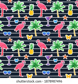 Colorful summer elements seamless pattern background. Flamingo, monstera leafs, cocktails and sunglasses. Watercolor silhouettes. Vector illustration