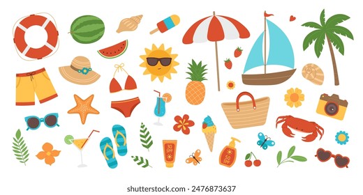 Colorful summer elements set. Beach collection with swimsuits, hat, sunglasses, palm, cocktails, fruits, ice cream and other stickers. Tropical vacation, holiday. Vector illustration isolated on white