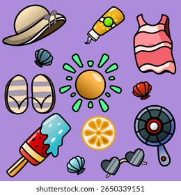 Ilustração Colorido Verão Essentials Apresentando ícones divertidos com um tema de praia. Uma ilustração alegre mostrando itens com tema de verão como óculos escuros, conchas, protetor solar e sorvete.