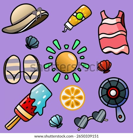 Colorful Summer Essentials Illustration Featuring Fun Icons With a Beach Theme. A cheerful illustration showcasing summer-themed items like sunglasses, shells, sunscreen, and ice cream.