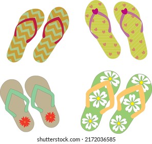 Colorful summer flip flops for beach isolated vector set. Sandals with different designs  in flat style. All elements are editable.