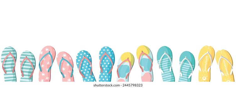 Colorful summer flip flops border. Flip flops set isolated on white background. Slippers summer background