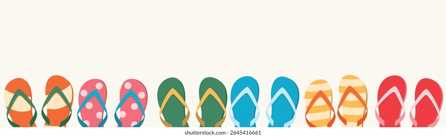 Colorful summer flip flops border banner. Slippers summertime set. Travel,vacation, rest concept.