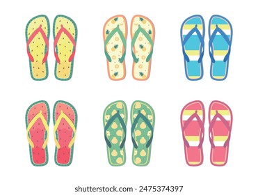 Colorful summer flip flops collection.
Watermelon, pineapple, pear pattern.
Vector illustration set.