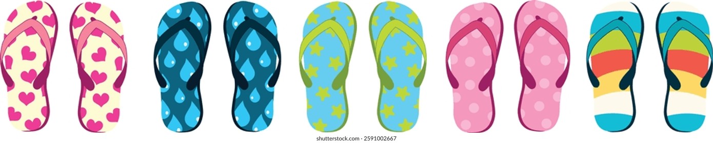 Colorful Summer Flip Flops Vector Set – Vibrant Beach Sandals in Tropical Patterns, Bright Colors, and Fun Summer Design