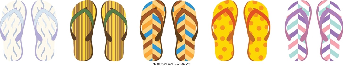 Colorful Summer Flip Flops Vector Set – Vibrant Beach Sandals in Tropical Patterns, Bright Colors, and Fun Summer Design