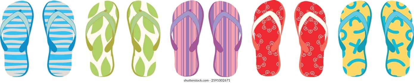 Colorful Summer Flip Flops Vector Set – Vibrant Beach Sandals in Tropical Patterns, Bright Colors, and Fun Summer Design