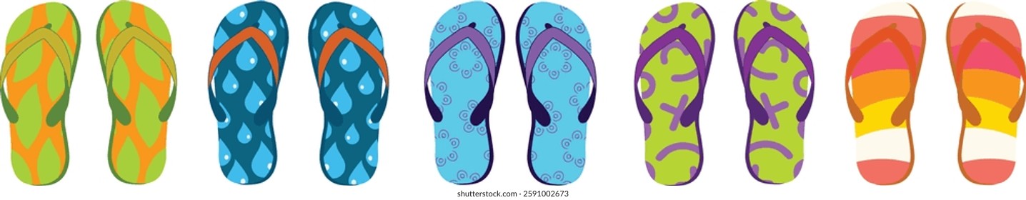 Colorful Summer Flip Flops Vector Set – Vibrant Beach Sandals in Tropical Patterns, Bright Colors, and Fun Summer Design