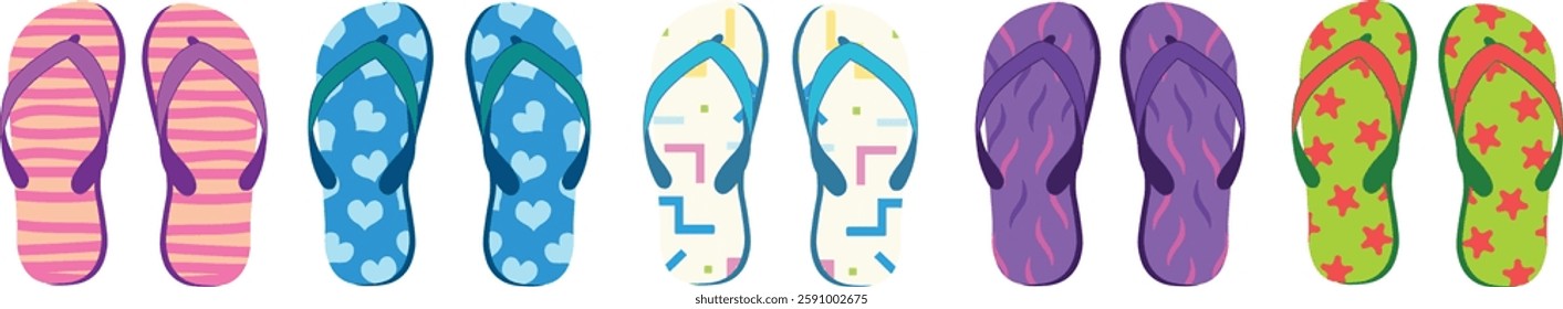 Colorful Summer Flip Flops Vector Set – Vibrant Beach Sandals in Tropical Patterns, Bright Colors, and Fun Summer Design