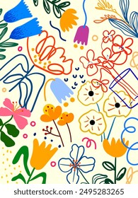 Colorful summer floral, flowers and plants pattern hand drawn vector design background for textile, fabric, banner.