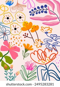 Colorful summer floral, flowers and plants pattern hand drawn vector design background for textile, fabric, banner.