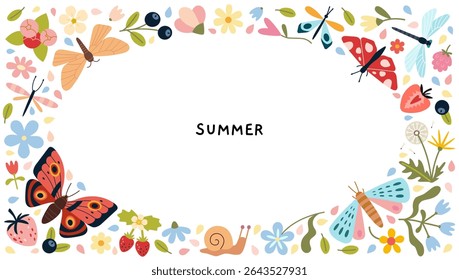 Quadro floral colorido de verão com borboletas, libélulas, bagas e folhas com espaço central. Moderna ilustração vetorial isolado no fundo branco, desenhado à mão, design plano