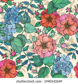 Colorful summer floral seamless pattern with roses