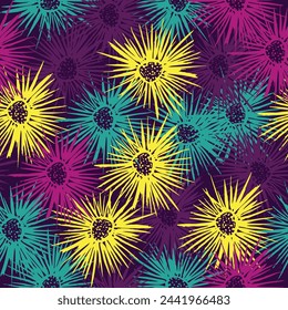 Colorful summer flowers seamless pattern designed with watercolor. Contemporary art seamless texture in hand-drawn style. Flowers, lines and dots.