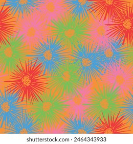 Colorful summer flowers seamless pattern designed with watercolor. Fucsia color background dominant.