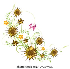 Colorful summer flowers, sunflower with butterfly