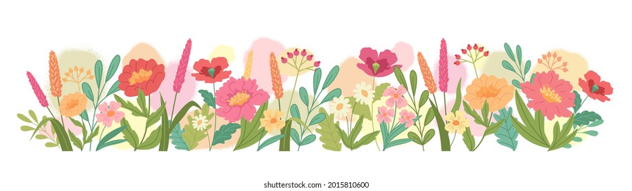 Colorful summer flowers vector flat design. Various field flowers, flora illustration