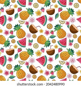 colorful summer food and tropical fruits, flowers and leaves seamless pattern