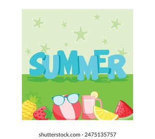 Colorful summer. Fresh fruit and drinks and glasses. Summer concept. Flat vector illustration.
