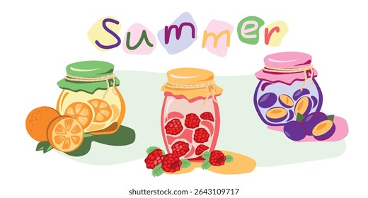 Colorful summer fruit jam jars with oranges, raspberries, and plums in cute cartoon style with playful "Summer" lettering