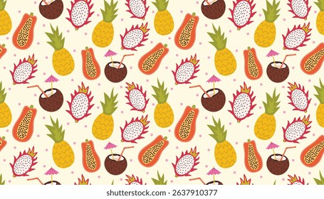 Colorful summer fruit pattern featuring coconut drinks, pineapples, papayas, and dragon fruit. Playful flat cartoon style ideal for wrapping paper, wallpaper, and holiday-themed projects.