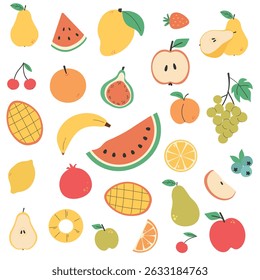  Colorful Summer Fruit Set – Flat Cartoon Style Tropical and Garden Fruits Collection. Watermelon, mango, lemon, pomegranate, orange, banana, orange slices, grapes, cherry. Flat vector illustration.