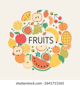 Colorful Summer Fruit Set – Flat Cartoon Style Tropical and Garden Fruits Collection. Watermelon, mango, lemon, pomegranate, orange, banana, orange slices, grapes, cherry. Flat vector illustration.