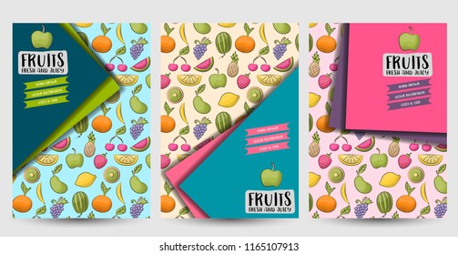 Colorful summer fruits posters. Flyer templates for advertisement, promotion, offer, book cover print. Vector illustration.