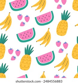 Bunte Sommerfrüchte, nahtloses Muster, Cartoon-Vektorillustration auf weißem Hintergrund. Bildschirmhintergrund mit Wassermelone, Banane, Erdbeere und Ananas. Muster für tropische Früchte.