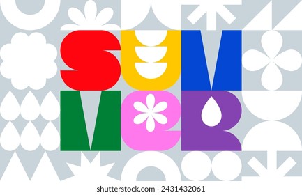 Colorful Summer Geometric Pattern with Modern Font and Abstract Fun Elements. Vector Bauhaus Pattern. Geometric Graphic in Brutalist Style. Creative Poster Design