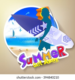 Colorful Summer Get Away Theme with a Silhouette Surfer holding Surfboard standing beside the Seashore of the Blue Ocean Background. Vector Illustration 
